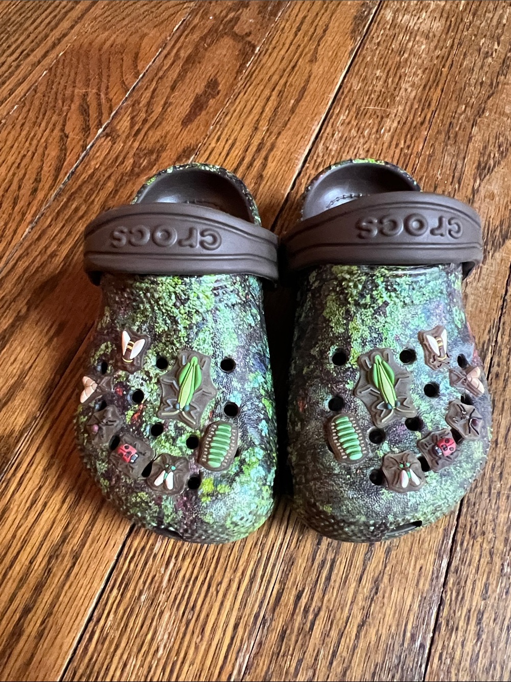 CROCS Kids Mossy Green & Brown Classic Clog with Bug Charms toddler child 7